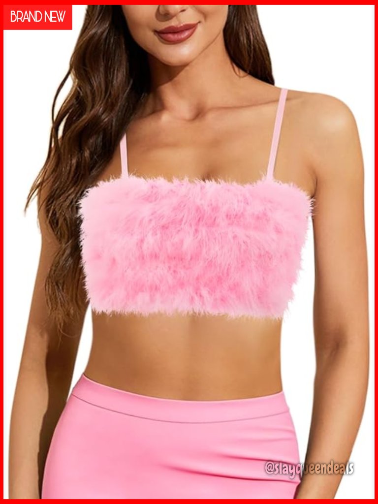 Faux Fur Crop Top Sleeveless Tank Slim Fit Zipper Back Y2k Party Wear